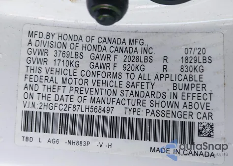 2020 Honda Civic Sport z USA, uszkodzony, nr VIN 2HGFC2F87LH568497